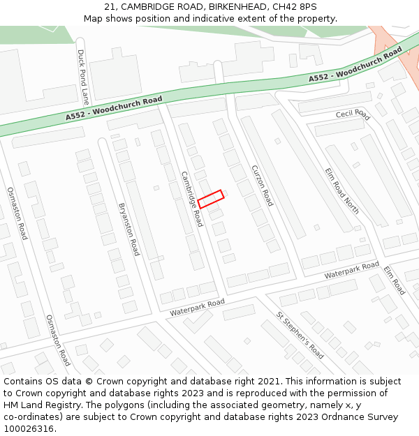 21, CAMBRIDGE ROAD, BIRKENHEAD, CH42 8PS: Location map and indicative extent of plot