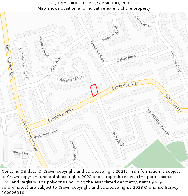 21, CAMBRIDGE ROAD, STAMFORD, PE9 1BN: Location map and indicative extent of plot