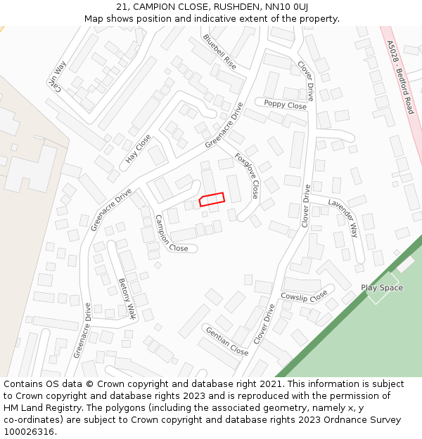 21, CAMPION CLOSE, RUSHDEN, NN10 0UJ: Location map and indicative extent of plot