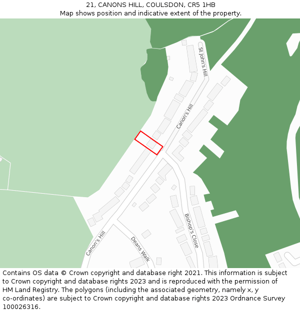 21, CANONS HILL, COULSDON, CR5 1HB: Location map and indicative extent of plot