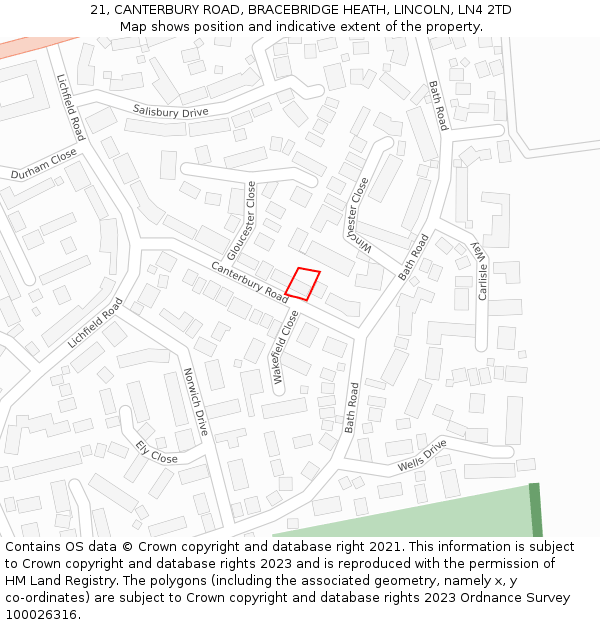 21, CANTERBURY ROAD, BRACEBRIDGE HEATH, LINCOLN, LN4 2TD: Location map and indicative extent of plot