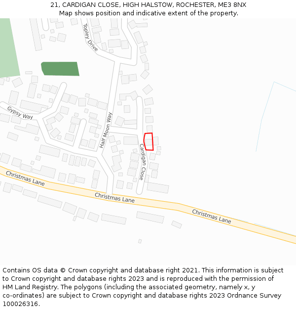 21, CARDIGAN CLOSE, HIGH HALSTOW, ROCHESTER, ME3 8NX: Location map and indicative extent of plot