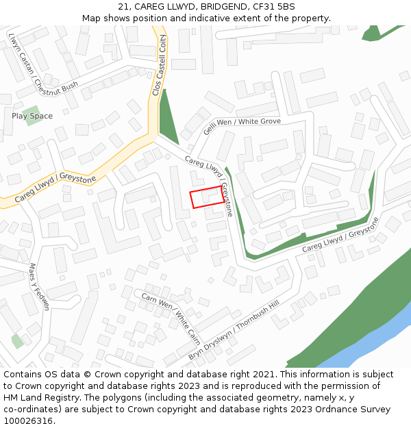 21, CAREG LLWYD, BRIDGEND, CF31 5BS: Location map and indicative extent of plot