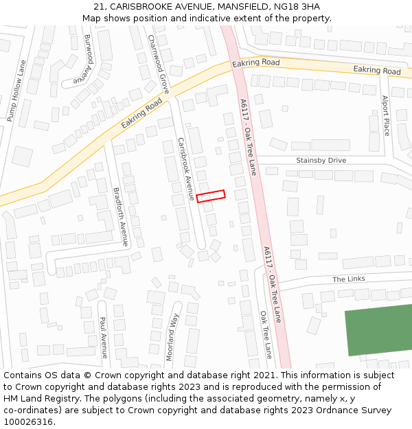 21, CARISBROOKE AVENUE, MANSFIELD, NG18 3HA: Location map and indicative extent of plot