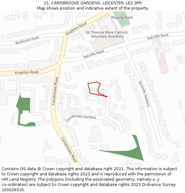 21, CARISBROOKE GARDENS, LEICESTER, LE2 3PR: Location map and indicative extent of plot