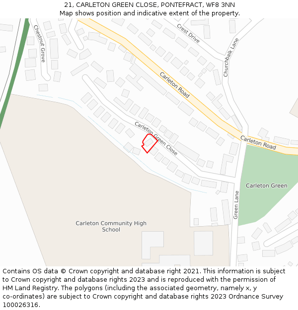 21, CARLETON GREEN CLOSE, PONTEFRACT, WF8 3NN: Location map and indicative extent of plot