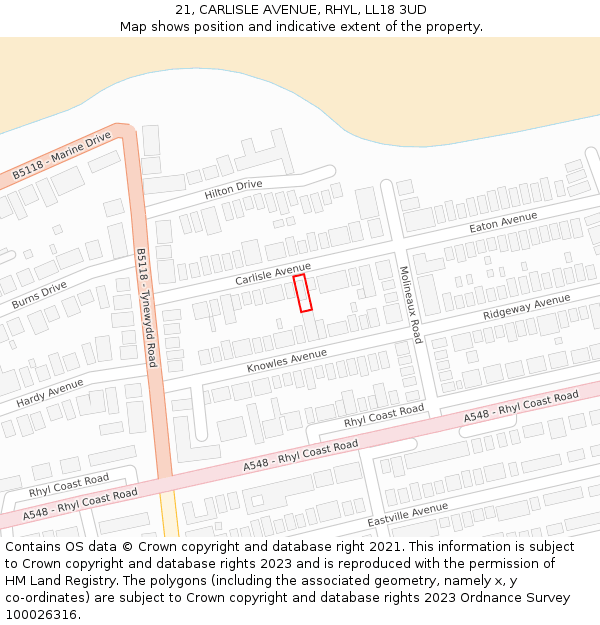 21, CARLISLE AVENUE, RHYL, LL18 3UD: Location map and indicative extent of plot