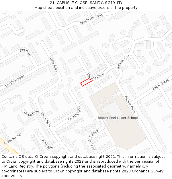 21, CARLISLE CLOSE, SANDY, SG19 1TY: Location map and indicative extent of plot