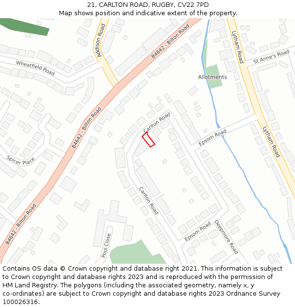 21, CARLTON ROAD, RUGBY, CV22 7PD: Location map and indicative extent of plot