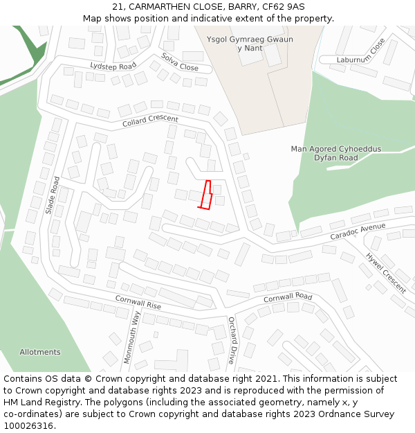 21, CARMARTHEN CLOSE, BARRY, CF62 9AS: Location map and indicative extent of plot