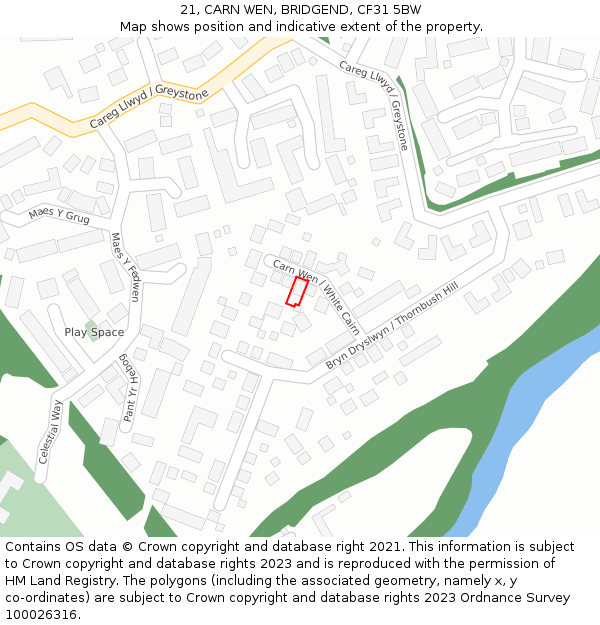 21, CARN WEN, BRIDGEND, CF31 5BW: Location map and indicative extent of plot