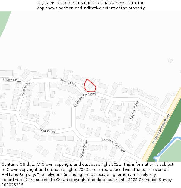 21, CARNEGIE CRESCENT, MELTON MOWBRAY, LE13 1RP: Location map and indicative extent of plot