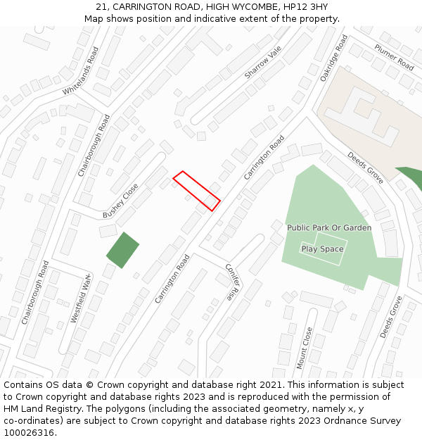 21, CARRINGTON ROAD, HIGH WYCOMBE, HP12 3HY: Location map and indicative extent of plot