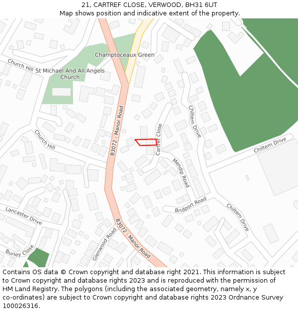 21, CARTREF CLOSE, VERWOOD, BH31 6UT: Location map and indicative extent of plot