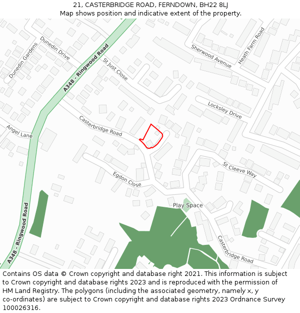 21, CASTERBRIDGE ROAD, FERNDOWN, BH22 8LJ: Location map and indicative extent of plot