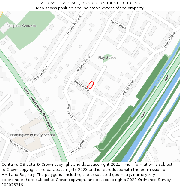21, CASTILLA PLACE, BURTON-ON-TRENT, DE13 0SU: Location map and indicative extent of plot