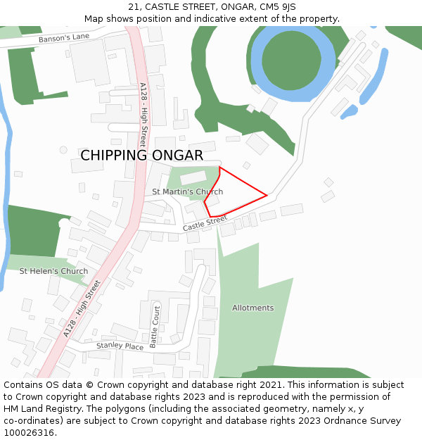 21, CASTLE STREET, ONGAR, CM5 9JS: Location map and indicative extent of plot