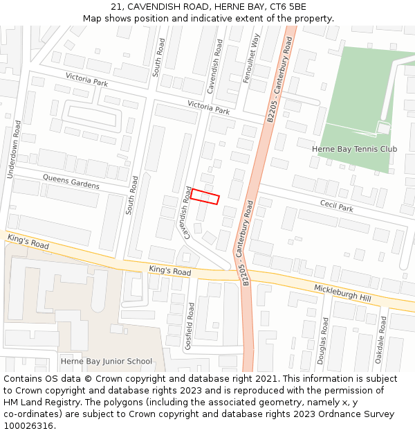 21, CAVENDISH ROAD, HERNE BAY, CT6 5BE: Location map and indicative extent of plot