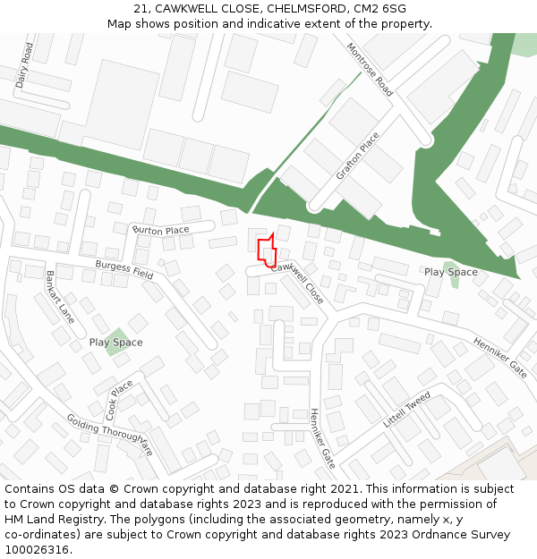 21, CAWKWELL CLOSE, CHELMSFORD, CM2 6SG: Location map and indicative extent of plot