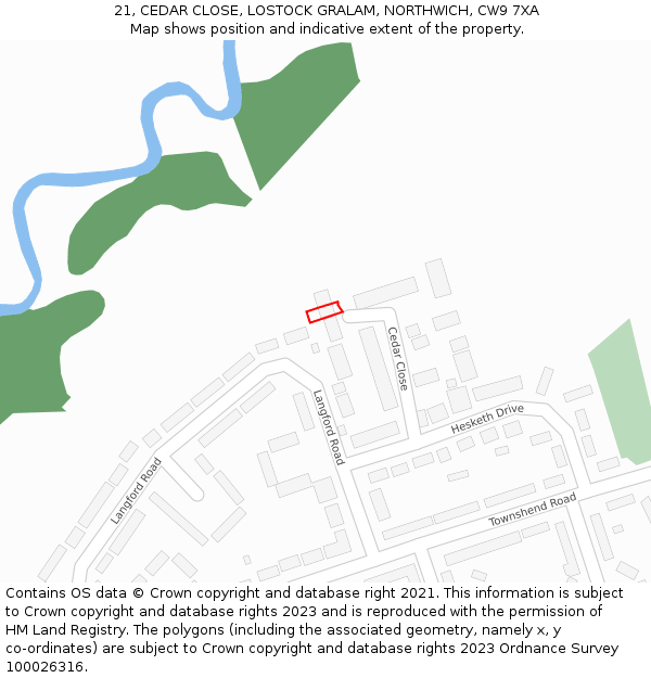 21, CEDAR CLOSE, LOSTOCK GRALAM, NORTHWICH, CW9 7XA: Location map and indicative extent of plot