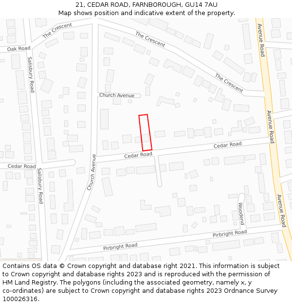 21, CEDAR ROAD, FARNBOROUGH, GU14 7AU: Location map and indicative extent of plot