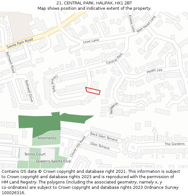 21, CENTRAL PARK, HALIFAX, HX1 2BT: Location map and indicative extent of plot