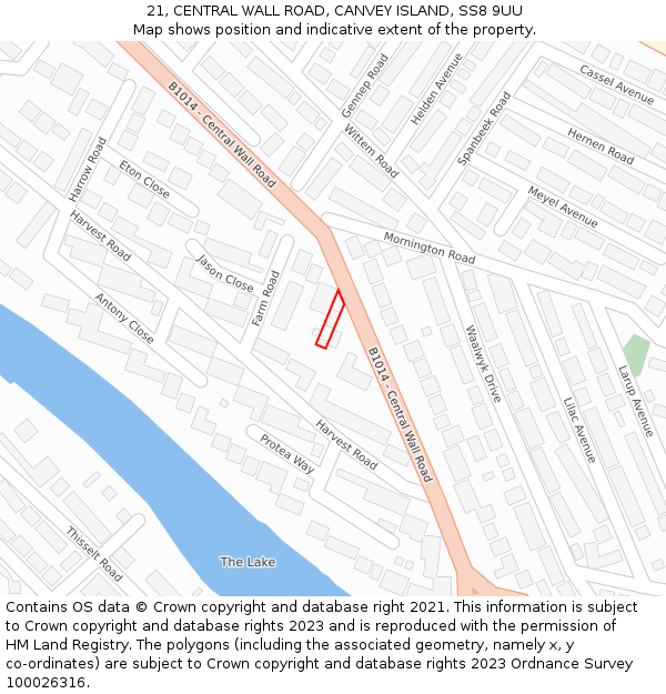 21, CENTRAL WALL ROAD, CANVEY ISLAND, SS8 9UU: Location map and indicative extent of plot