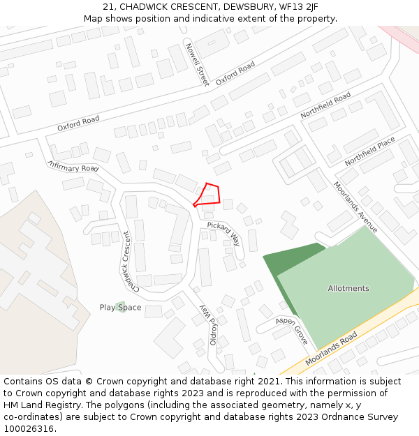 21, CHADWICK CRESCENT, DEWSBURY, WF13 2JF: Location map and indicative extent of plot