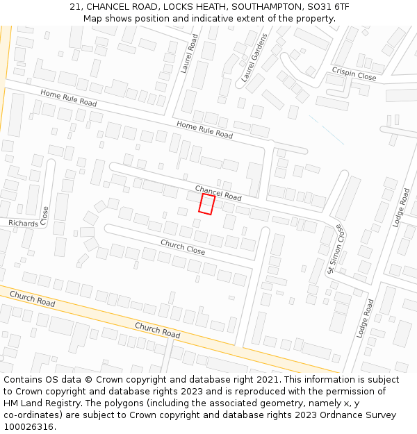 21, CHANCEL ROAD, LOCKS HEATH, SOUTHAMPTON, SO31 6TF: Location map and indicative extent of plot