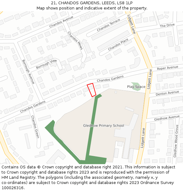 21, CHANDOS GARDENS, LEEDS, LS8 1LP: Location map and indicative extent of plot