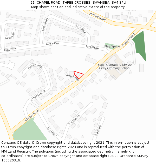 21, CHAPEL ROAD, THREE CROSSES, SWANSEA, SA4 3PU: Location map and indicative extent of plot