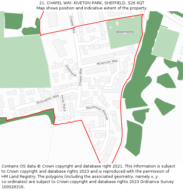 21, CHAPEL WAY, KIVETON PARK, SHEFFIELD, S26 6QT: Location map and indicative extent of plot