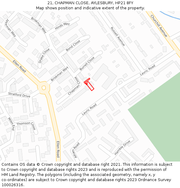 21, CHAPMAN CLOSE, AYLESBURY, HP21 8FY: Location map and indicative extent of plot