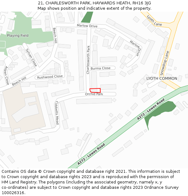 21, CHARLESWORTH PARK, HAYWARDS HEATH, RH16 3JG: Location map and indicative extent of plot