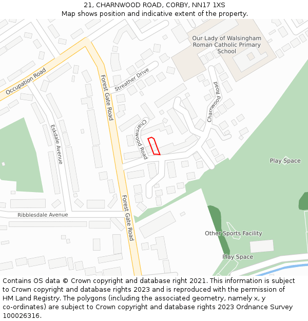 21, CHARNWOOD ROAD, CORBY, NN17 1XS: Location map and indicative extent of plot