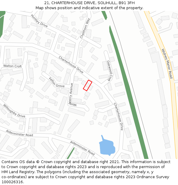 21, CHARTERHOUSE DRIVE, SOLIHULL, B91 3FH: Location map and indicative extent of plot