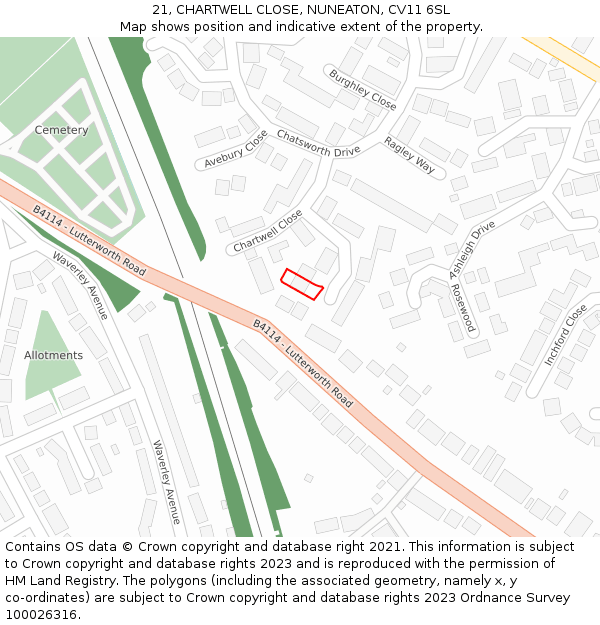21, CHARTWELL CLOSE, NUNEATON, CV11 6SL: Location map and indicative extent of plot