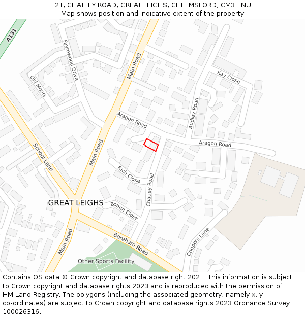 21, CHATLEY ROAD, GREAT LEIGHS, CHELMSFORD, CM3 1NU: Location map and indicative extent of plot