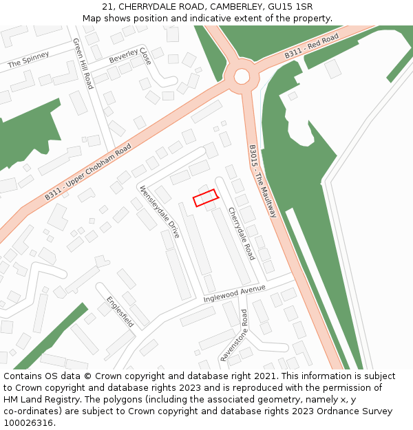 21, CHERRYDALE ROAD, CAMBERLEY, GU15 1SR: Location map and indicative extent of plot