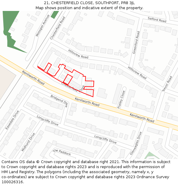 21, CHESTERFIELD CLOSE, SOUTHPORT, PR8 3JL: Location map and indicative extent of plot