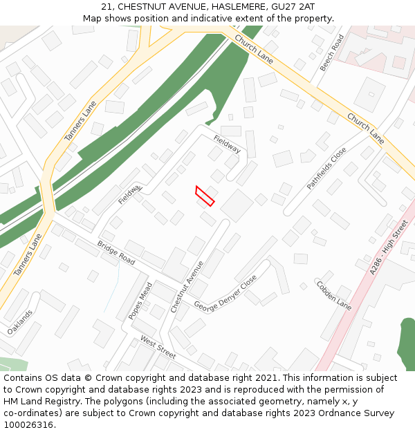 21, CHESTNUT AVENUE, HASLEMERE, GU27 2AT: Location map and indicative extent of plot