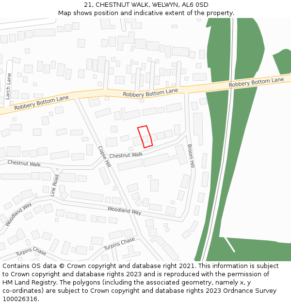 21, CHESTNUT WALK, WELWYN, AL6 0SD: Location map and indicative extent of plot