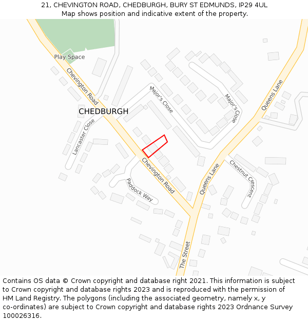 21, CHEVINGTON ROAD, CHEDBURGH, BURY ST EDMUNDS, IP29 4UL: Location map and indicative extent of plot