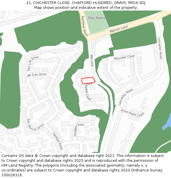 21, CHICHESTER CLOSE, CHAFFORD HUNDRED, GRAYS, RM16 6DJ: Location map and indicative extent of plot