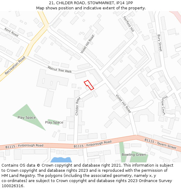 21, CHILDER ROAD, STOWMARKET, IP14 1PP: Location map and indicative extent of plot