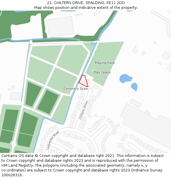 21, CHILTERN DRIVE, SPALDING, PE11 2DD: Location map and indicative extent of plot