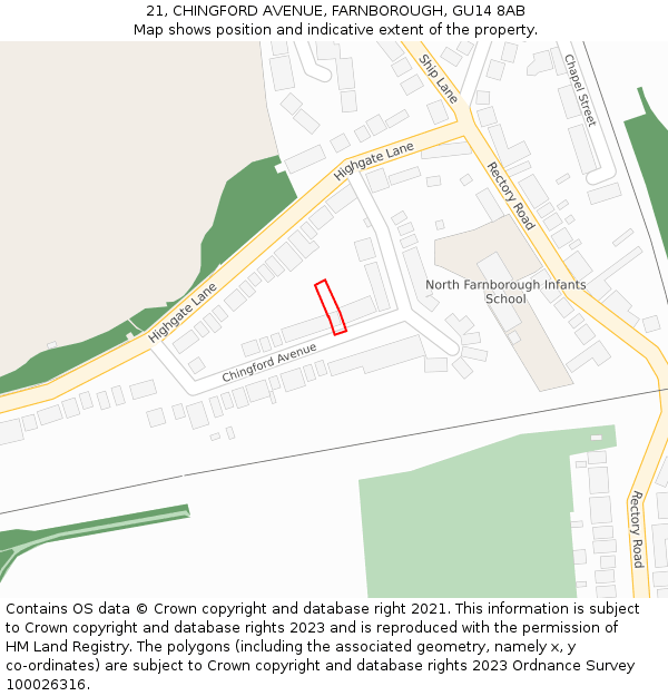 21, CHINGFORD AVENUE, FARNBOROUGH, GU14 8AB: Location map and indicative extent of plot