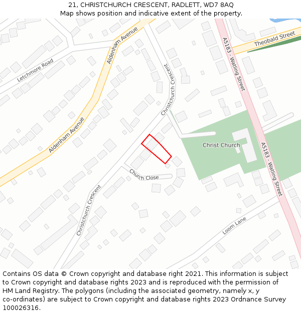 21, CHRISTCHURCH CRESCENT, RADLETT, WD7 8AQ: Location map and indicative extent of plot