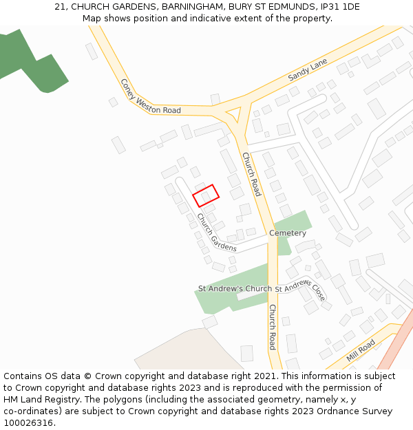 21, CHURCH GARDENS, BARNINGHAM, BURY ST EDMUNDS, IP31 1DE: Location map and indicative extent of plot