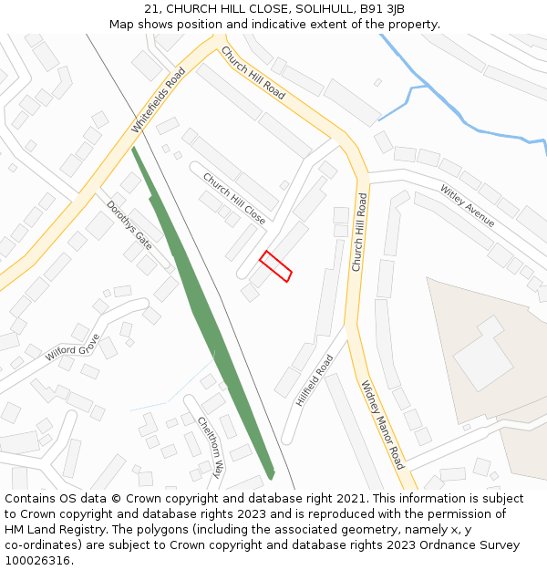 21, CHURCH HILL CLOSE, SOLIHULL, B91 3JB: Location map and indicative extent of plot